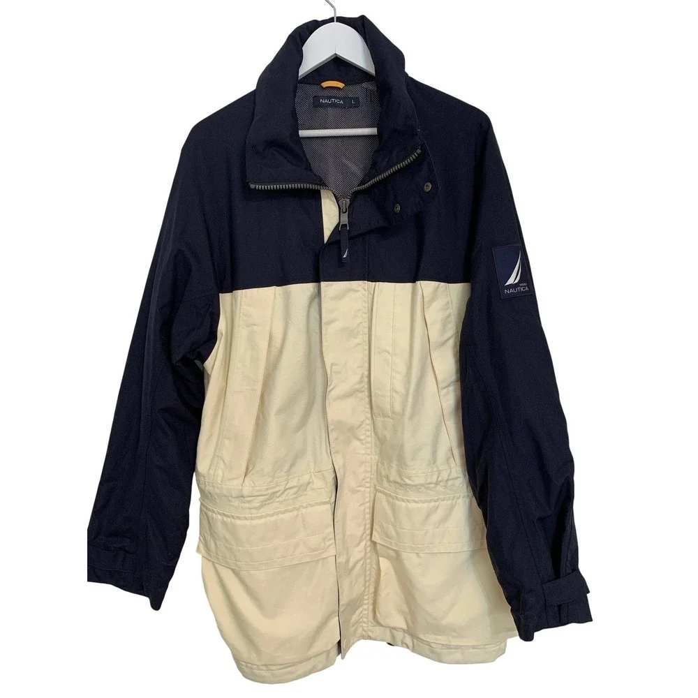 Vintage Nautica Mens Colorblock Sailing Jacket Navy‎ Cream Yachting Jacket / L